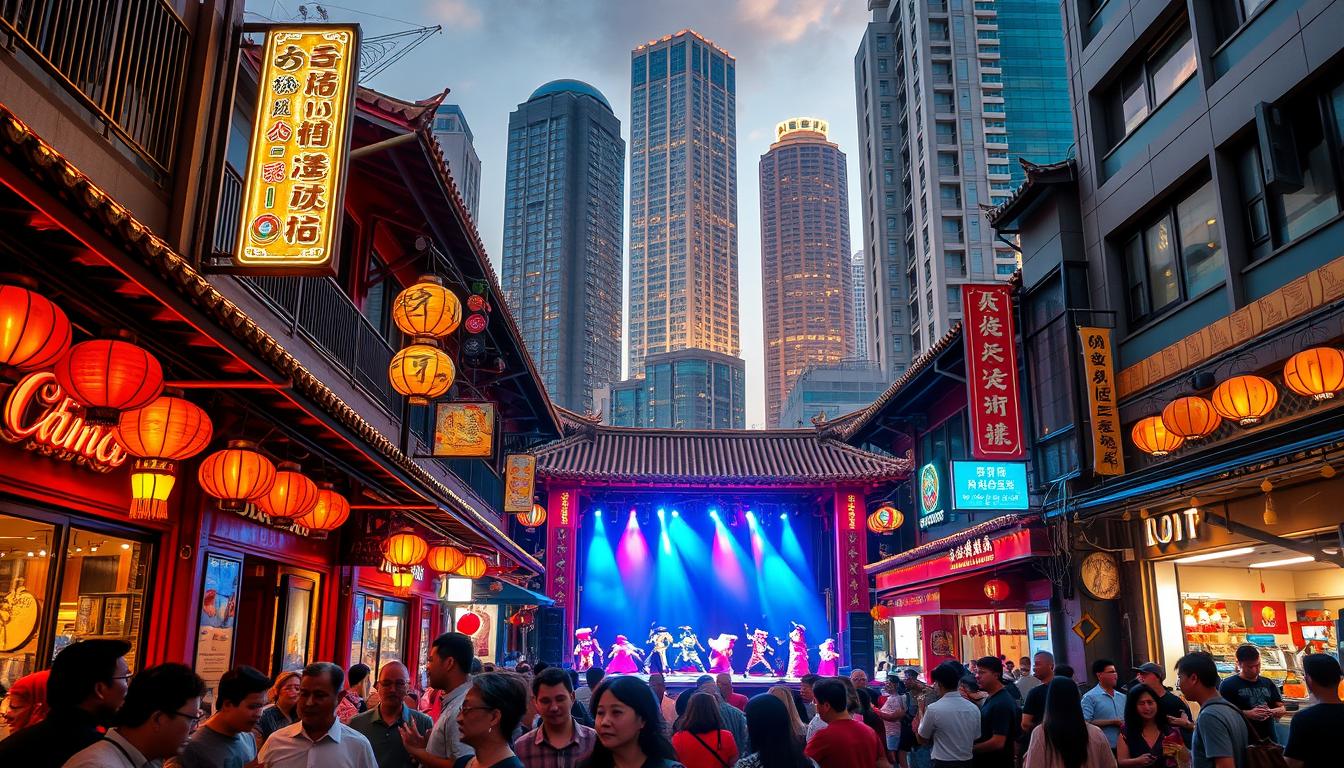 A bustling Chinatown scene in Kuala Lumpur, Malaysia, capturing the vibrant pop culture and entertainment influence of Chinese heritage. In the foreground, neon-lit signs and lanterns adorn the facades of traditional shophouses, drawing crowds of locals and tourists browsing unique merchandise and dining at lively street food stalls. In the middle ground, a stage comes alive with a troupe of acrobats, Lion dancers, and musicians performing a dynamic cultural showcase. The background is filled with towering skyscrapers, a blend of modern and historic architecture that reflects the dynamic integration of Chinese and Malaysian influences. Warm, golden lighting casts a welcoming glow, infusing the atmosphere with a sense of festivity and cultural celebration.
