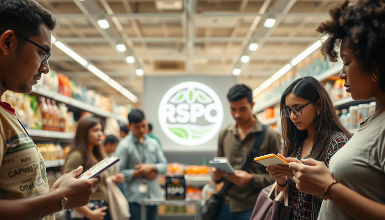 A consumer awareness campaign about RSPO certification. In the foreground, a diverse group of shoppers examining product labels and discussing sustainability concerns. In the middle ground, a large RSPO logo stands prominently, casting a soft, warm glow. In the background, a supermarket aisle filled with various household goods, conveying a sense of consumer choice and responsibility. Diffused lighting creates a thoughtful, introspective atmosphere, emphasizing the importance of informed purchasing decisions. Captured with a wide-angle lens to encompass the full scope of the scene.
