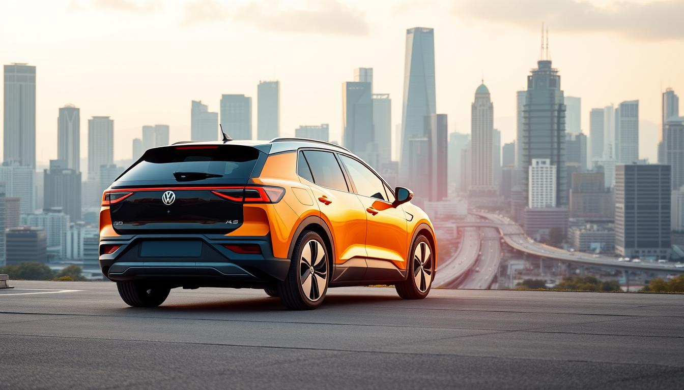 A sleek and modern Volkswagen electric vehicle, the ID.4, stands prominently in the foreground, its streamlined silhouette and vibrant color scheme capturing the eye. The mid-ground showcases a bustling city landscape, with towering skyscrapers and a network of roads, reflecting the growing awareness and adoption of electric mobility in the urban setting. The background is bathed in a warm, golden glow, evoking a sense of progress and optimism for the future of sustainable transportation. The image is captured with a wide-angle lens, emphasizing the scale and significance of the electric car's presence within the cityscape, conveying the message of a cleaner, greener future for the community.
