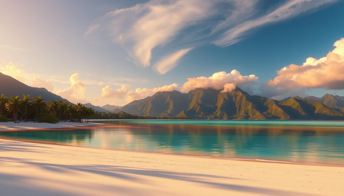 A breathtaking tropical landscape, bathed in the warm glow of the setting sun. In the foreground, a pristine white-sand beach stretches out, dotted with lush palm trees swaying gently in the ocean breeze. The crystal-clear turquoise waters of a tranquil lagoon reflect the vivid hues of the sky, creating a mesmerizing mirror-like effect. Beyond the shoreline, rolling green hills and majestic mountains rise up, their peaks shrouded in wispy clouds. The scene exudes a sense of serene, untouched paradise, capturing the essence of the enchanting world of Moana.