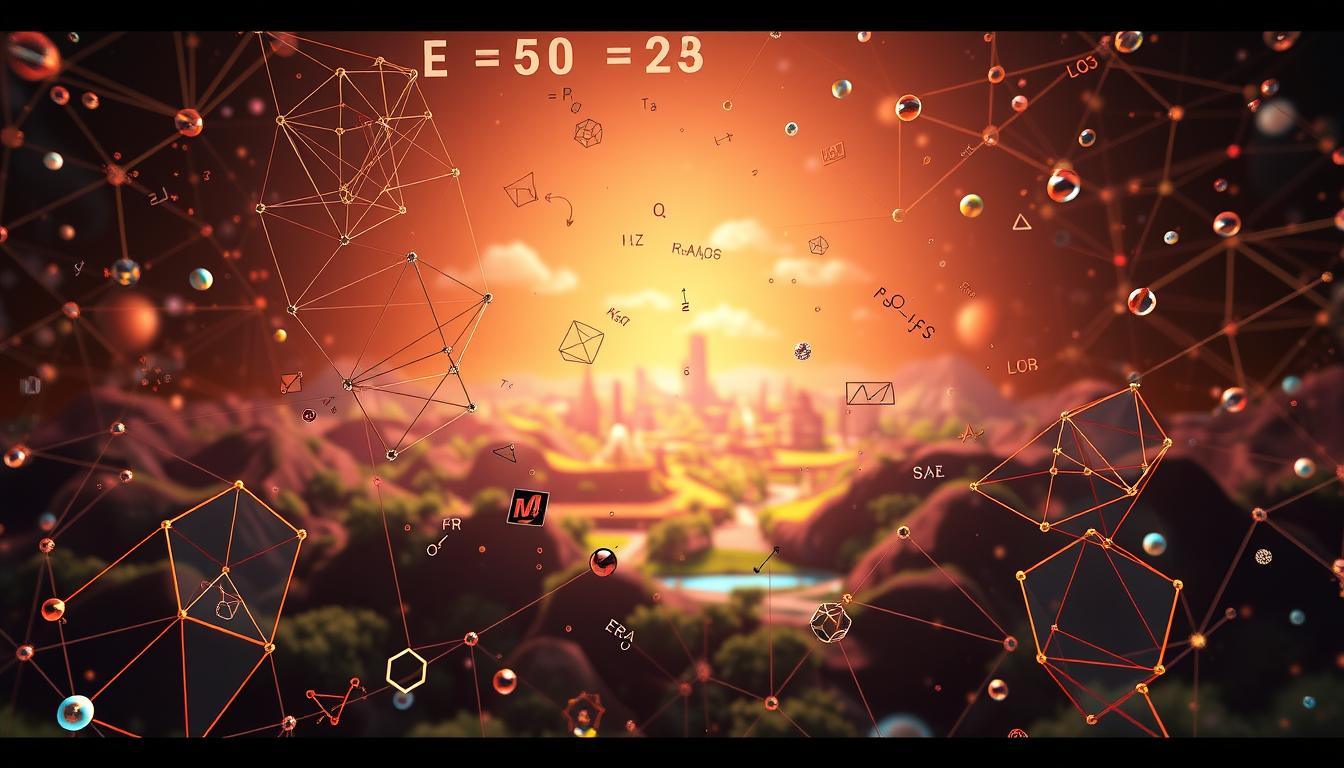 A captivating simulation of mathematical concepts, depicting a dynamic and interconnected world. In the foreground, intricate geometric shapes and equations float effortlessly, their lines and curves forming a mesmerizing visual symphony. In the middle ground, a vibrant 3D landscape unfolds, showcasing the practical applications of mathematics in everyday life - from patterns in nature to the inner workings of technological devices. The background is illuminated by a warm, diffused lighting, creating a sense of depth and dimensionality, as if the viewer is peering into a digital realm where the boundaries between the physical and the abstract are blurred. The overall atmosphere is one of innovation, discovery, and the limitless potential of mathematical thinking.