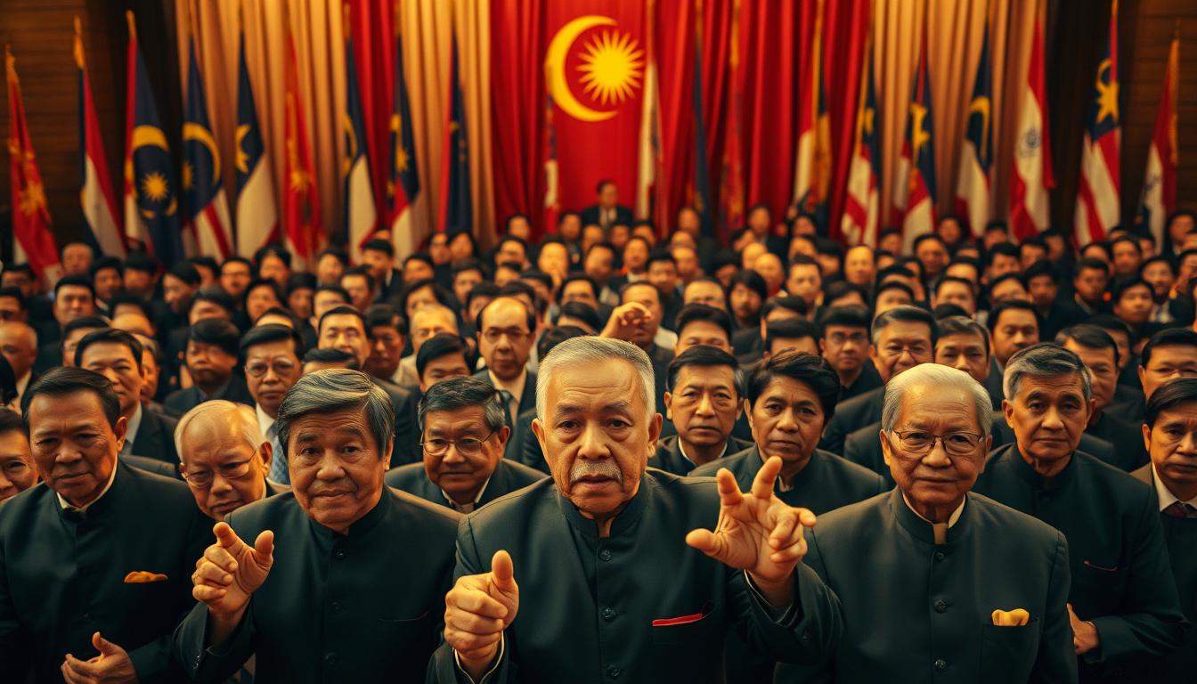 A grand assembly of Malaysian leaders, standing resolute and determined, their faces etched with the weight of history. In the foreground, figures in formal attire gesture with purpose, their expressions conveying the gravity of the moment. Behind them, a tapestry of flags and symbols, representing the diverse cultural heritage that shapes the nation. The lighting is warm and golden, casting a sense of timelessness and reverence upon the scene. The camera angle is elevated, giving a bird's-eye view of the proceedings, lending a sense of importance and significance to the event. The atmosphere is one of solemn pride and unwavering commitment, as these leaders shape the destiny of Malaysia.