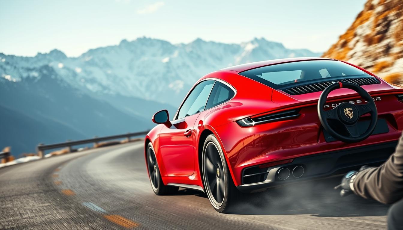A sleek and powerful Porsche 911 sports car glides smoothly along a winding mountain road, its aerodynamic body sculpted by the crisp, cool alpine air. The driver's hands grip the leather-wrapped steering wheel, expertly navigating the tight turns as the flat-six engine purrs with refined aggression. Sunlight dances across the vibrant red paint, highlighting the car's iconic silhouette and signature rear-mounted engine. In the distance, snow-capped peaks rise majestically, framing the exhilarating test drive experience. The image captures the essence of the Porsche 911's legendary performance and the pure joy of driving this iconic sports car.