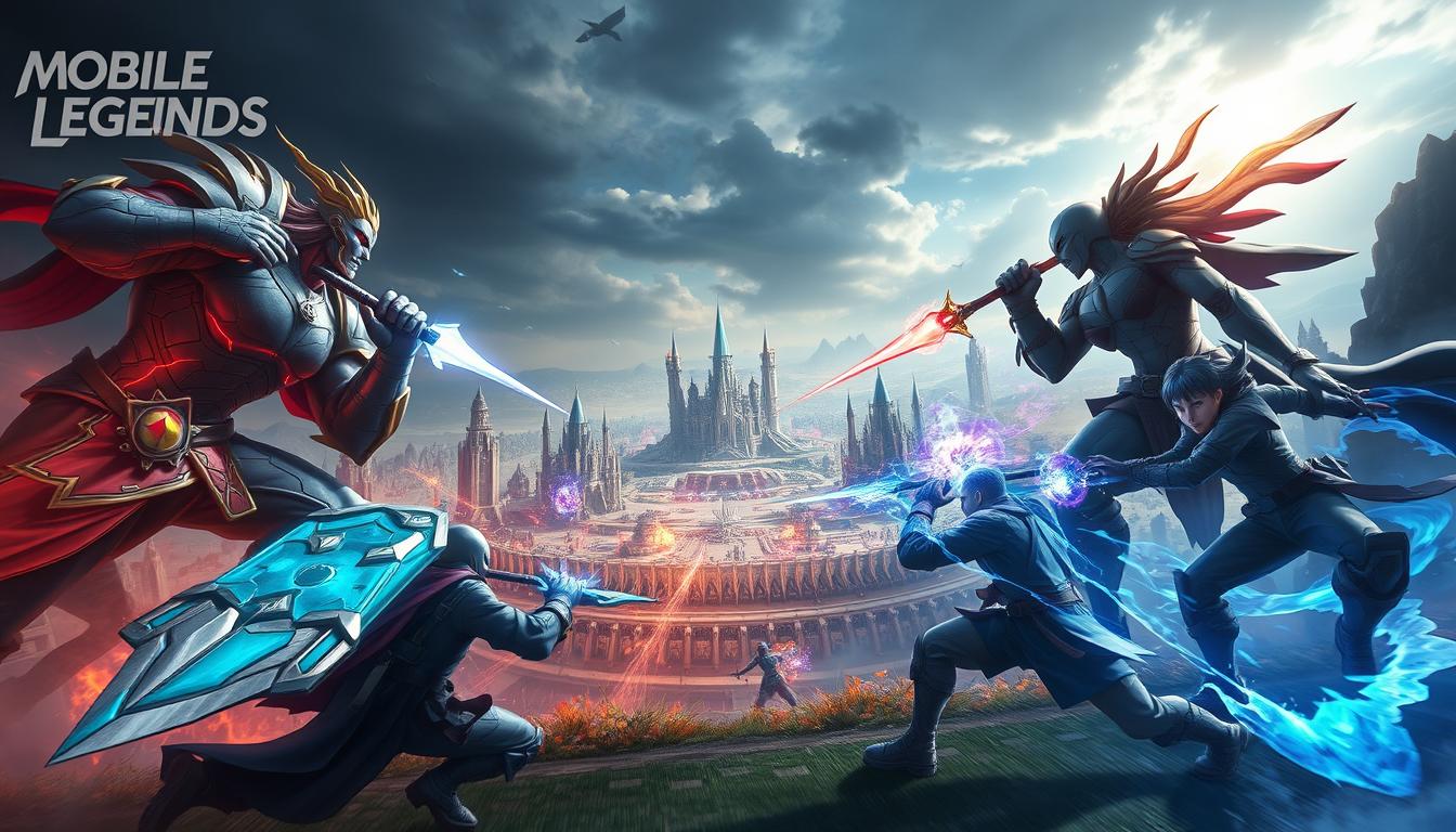 A strategic mobile legend battlefield, with two teams clashing in a dynamic, action-packed scene. In the foreground, larger-than-life hero characters engage in intense combat, their movements frozen in time, weapons clashing and magic spells erupting. The middle ground features a sprawling, fantastical landscape of towering structures, glowing energy fields, and vibrant colors. In the background, a moody, atmospheric sky sets the stage, with dramatic lighting and ominous clouds. The overall composition conveys a sense of high-stakes, decisive battle, with a cinematic, immersive quality that reflects the epic nature of mobile legend gameplay.