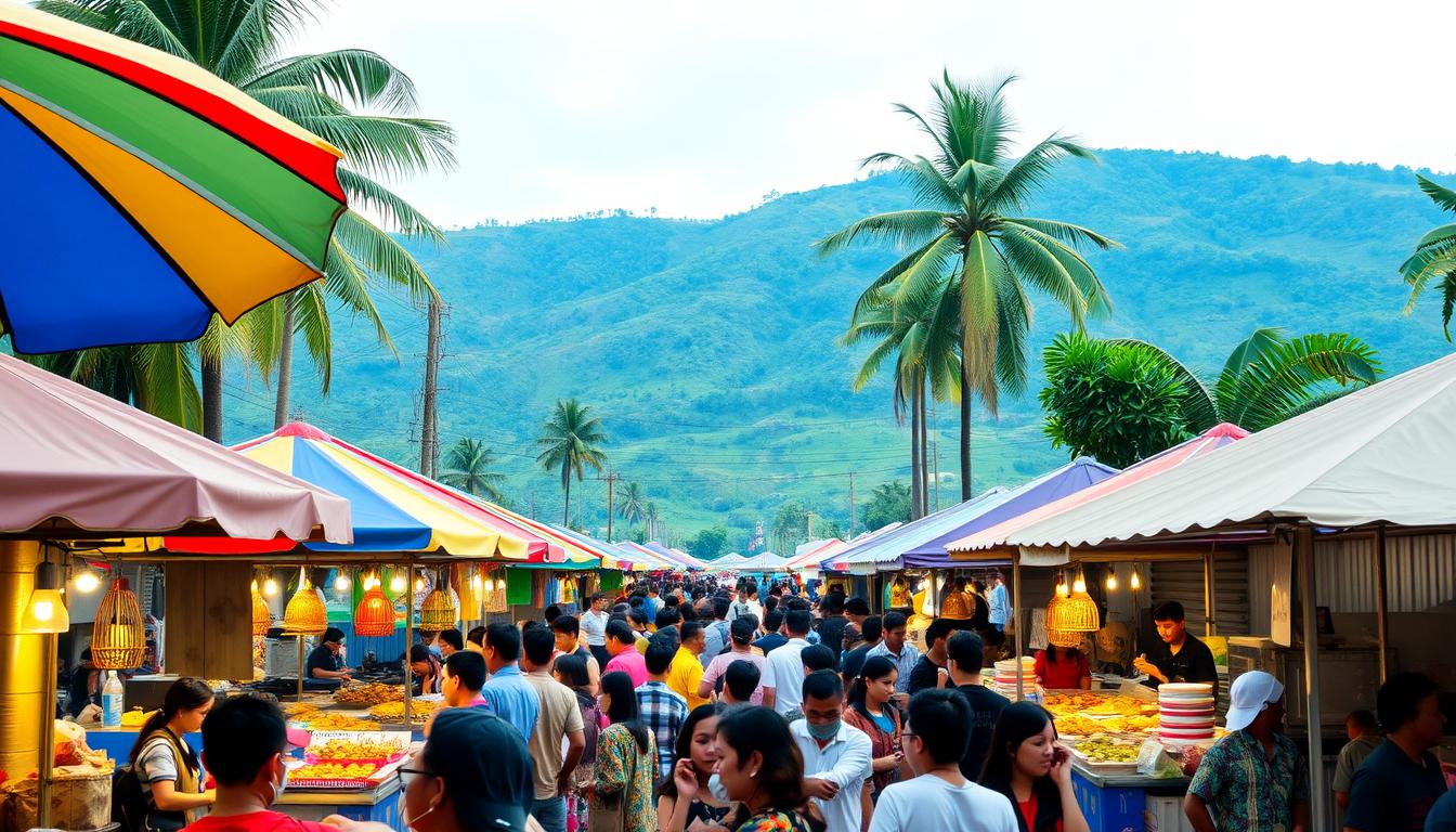 A bustling outdoor food festival in Tasikmalaya, Indonesia. In the foreground, a vibrant array of stalls offering an array of local delicacies - from sizzling satay skewers to steaming nasi liwet. Colorful umbrellas and canopies shade the lively scene, creating a warm, inviting atmosphere. In the middle ground, crowds of people weave between the stalls, sampling the diverse flavors and chatting animatedly. Wreathing the festival, towering palm trees and lush green hills create a scenic backdrop, hinting at the region's verdant natural beauty. The soft, diffused lighting casts a golden glow over the entire scene, evoking a sense of celebration and festivity.