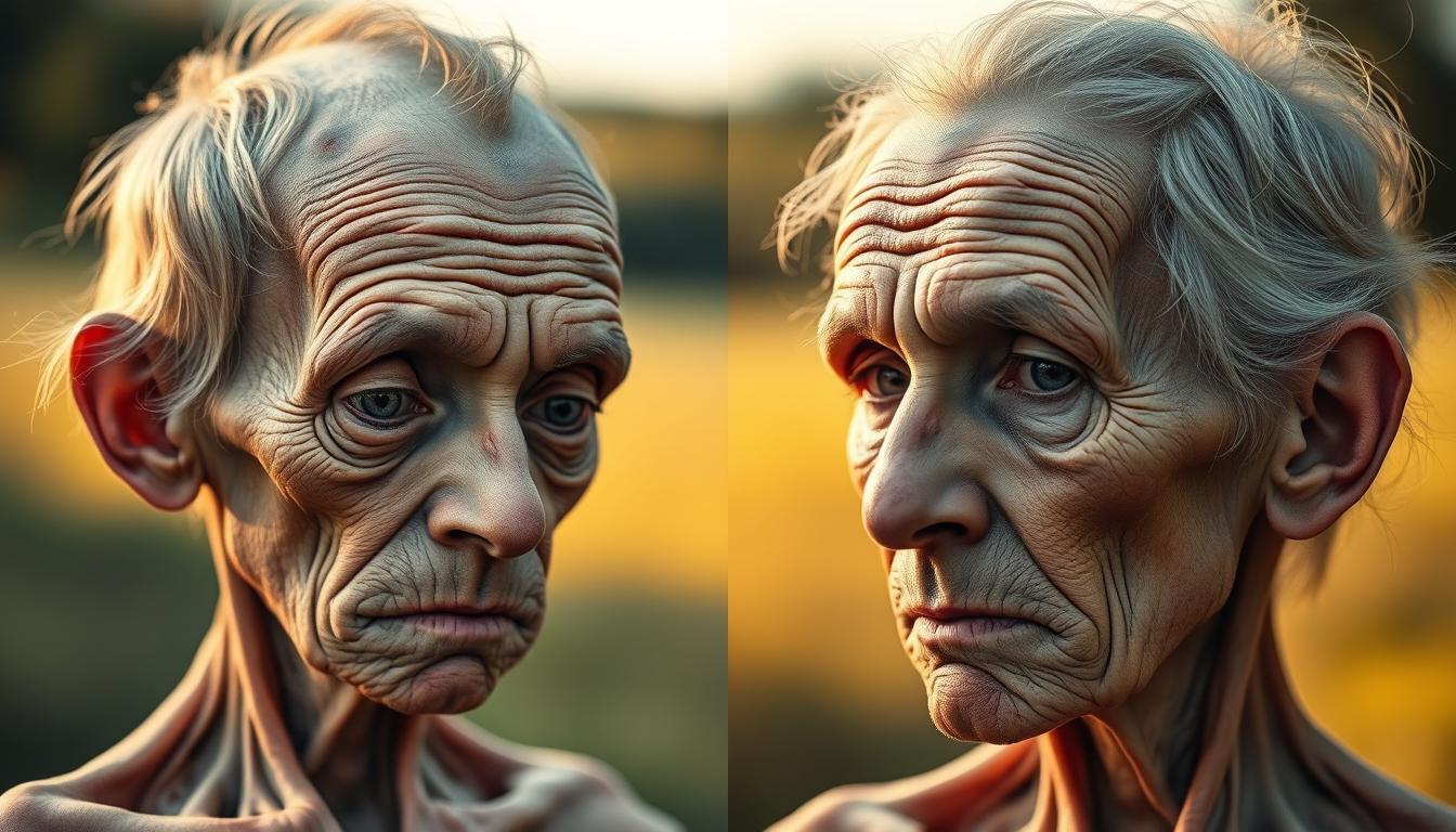 A side-by-side comparison of a person with progeria and a person with normal aging. In the foreground, a detailed close-up portrait of a person with progeria, their aged and wrinkled skin, sparse hair, and emaciated features stand in stark contrast to the healthy, youthful appearance of the normal aging person in the middle ground. The background is a serene, softly blurred natural setting, allowing the viewer to focus on the distinct physiological differences between the two conditions. Warm, natural lighting casts subtle shadows, emphasizing the textural details of the skin. The overall mood is one of introspection and a deeper understanding of the rare and challenging nature of progeria.