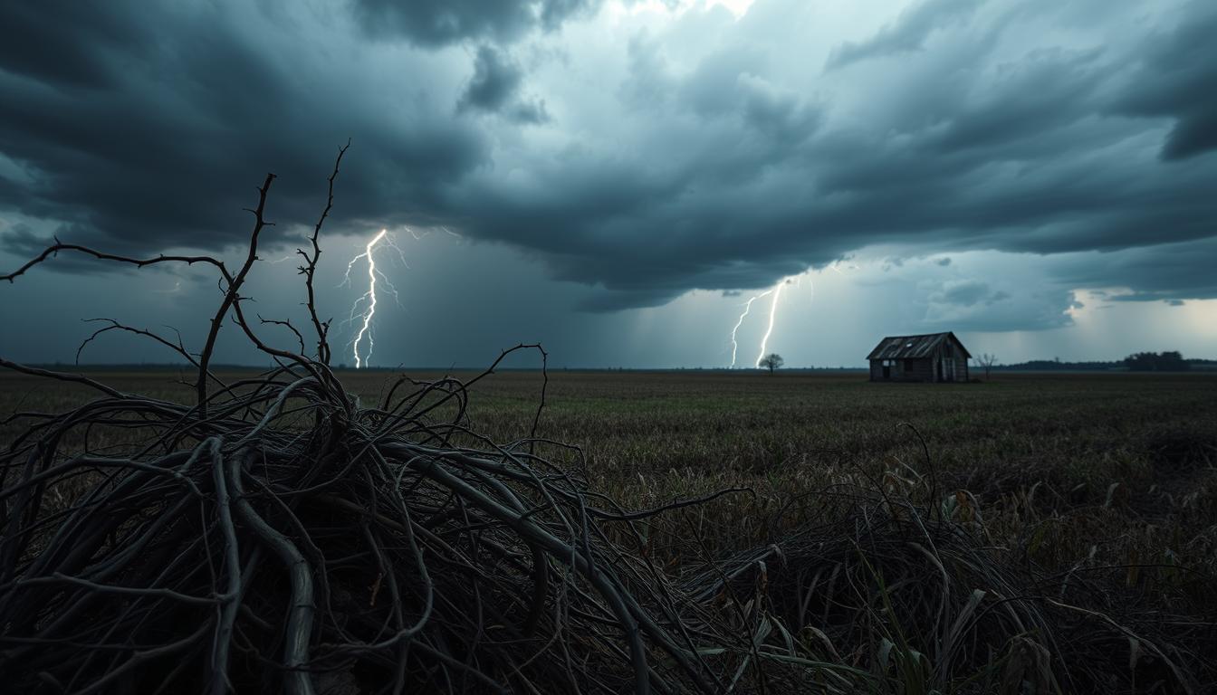 A dramatic and moody landscape depicting the risks and challenges of agribusiness investment. In the foreground, a tangled web of thorny vines and withered crops, symbolizing the uncertainties and hazards faced by investors. The middle ground features a stormy sky, with ominous dark clouds and flashes of lightning, suggesting the unpredictable nature of the industry. In the distance, a lone, dilapidated barn stands as a testament to the hard-won battles of those who have dared to venture into this field. The overall scene conveys a sense of foreboding and the need for careful, considered decision-making when investing in the agribusiness sector.