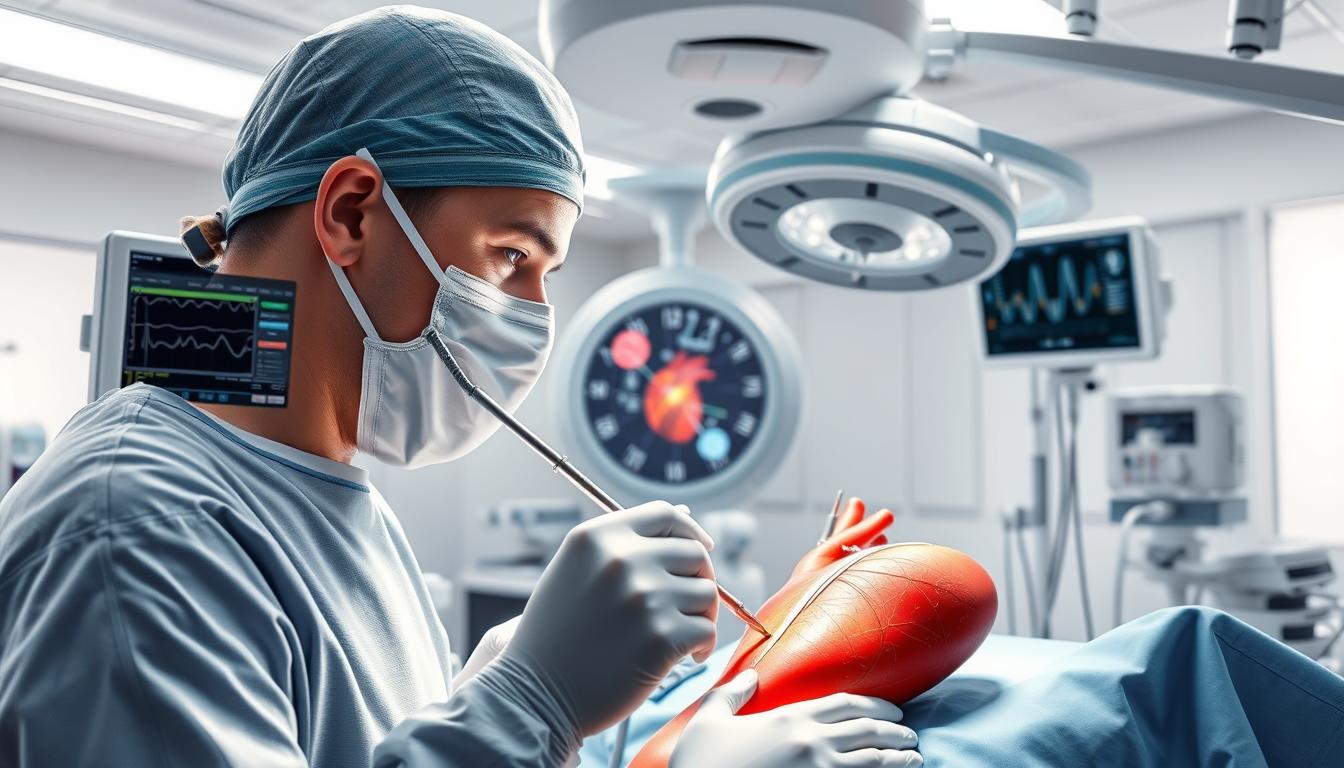 A detailed, photorealistic medical illustration depicting the treatment of coronary heart disease. In the foreground, a skilled surgeon performing a cardiac catheterization procedure, meticulously inserting a stent to open a blocked artery. The middle ground shows diagnostic equipment like an ECG monitor and various medical instruments. The background portrays the sterile, high-tech environment of a modern cardiac catheterization lab, with advanced imaging technology and life-support systems. The lighting is bright and clean, emphasizing the precision and care of the medical team. The overall mood is one of clinical professionalism and the promise of effective treatment for this serious cardiovascular condition.