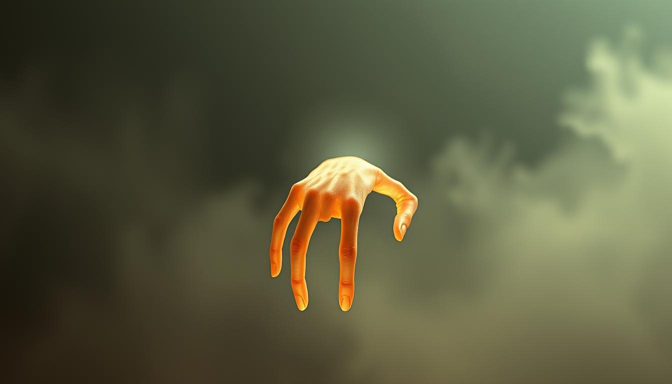 An otherworldly hand, its fingers elongated and alien, hovers in a surreal landscape. The skin is luminescent, almost translucent, with an eerie glow that emanates from within. The hand is the focal point, suspended in a hazy, dreamlike atmosphere, as if emerging from a different dimension. Subtle shadows and highlights accentuate the unusual anatomy, lending an unsettling yet captivating quality to the image. The background is a muted, abstract realm, with muted tones and ethereal textures that enhance the sense of the uncanny. The overall composition conveys a sense of clinical detachment, as if this alien appendage is being observed and studied under a microscope. Crisp, high-resolution details and a cinematic, dramatic lighting setup bring this surreal diagnostic image to life.