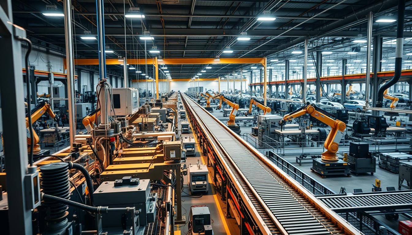 A state-of-the-art manufacturing facility, awash in a warm glow of industrial productivity. In the foreground, intricate machinery deftly manipulates materials, transforming them into tangible products. The middle ground showcases a seamless choreography of robotic arms and conveyor belts, orchestrating the production flow with precision. In the background, a panoramic view of the factory floor reveals the scale and sophistication of the operation, where cutting-edge technology and human ingenuity converge to drive innovation. The scene exudes a sense of progress, efficiency, and the relentless pursuit of excellence that defines the modern industrial landscape.
