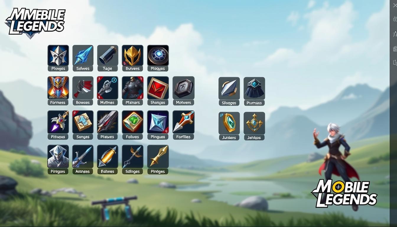 Detailed image of a hero's inventory in Mobile Legends, showcasing a variety of powerful items arranged on a sleek, modern interface. The foreground features the item icons in high definition, with clear labels and descriptions. The middle ground depicts the hero's character model, posed dynamically with the equipped items. The background is a stylized, minimalist landscape inspired by the game's distinctive visual style, with soft lighting and muted colors to focus attention on the central elements. The overall mood is one of strategic planning and preparation, capturing the importance of carefully selecting the right items to enhance a hero's capabilities in the game.