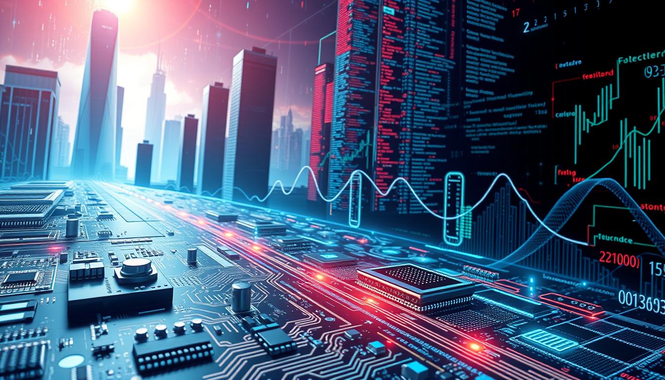A visually striking and technically precise illustration depicting the seamless integration of mathematics and information technology. The foreground showcases a complex mathematical equation or algorithm, rendered in intricate detail with a sleek, futuristic aesthetic. The middle ground features various hardware components and data visualization elements, such as circuit boards, microchips, and holographic displays, all working in harmonious synergy. The background depicts a dynamic, computer-generated landscape, with towering skyscrapers, cascading lines of code, and a vibrant, neon-infused color palette that conveys a sense of technological progress and innovation. The lighting is dramatic, with strategic use of shadows and highlights to create depth and visual interest. The overall composition and camera angle exude a sense of authority, sophistication, and the vital importance of the integration between mathematics and information technology.