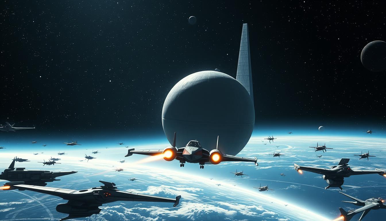 A vast expanse of the iconic Star Wars universe, teeming with advanced spacecraft, battle-worn machinery, and the ethereal glow of energy fields. In the foreground, a sleek X-wing fighter soars, its engines blazing with propulsive power. Towering in the middle ground, the imposing silhouette of the Death Star looms, its ominous presence casting a haunting shadow. In the background, the vast, star-studded void of space stretches out, peppered with distant nebulae and the faint outlines of distant planets. Cinematic lighting bathes the scene, creating a sense of dramatic intensity and high-stakes conflict. The overall mood is one of technological grandeur, interstellar adventure, and the timeless battle between the forces of good and evil.