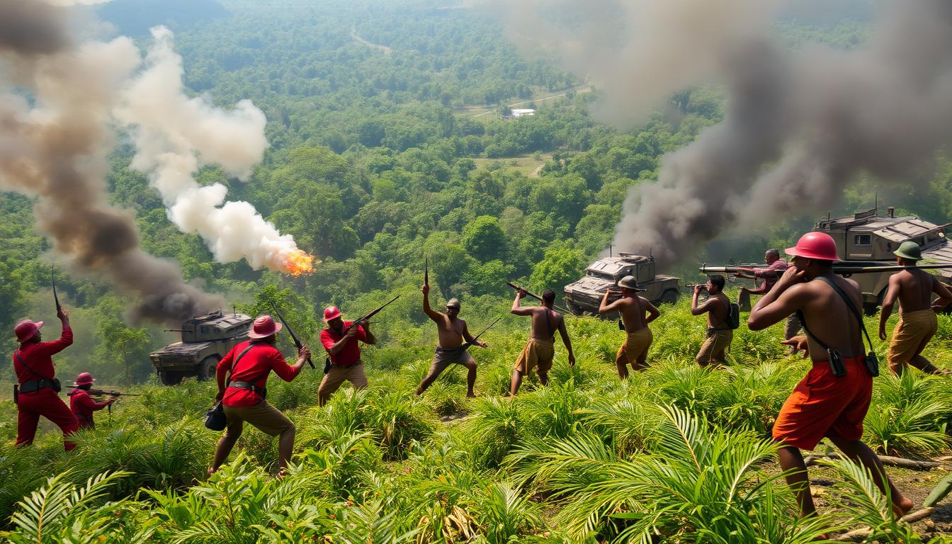 A pitched battle rages between British colonial forces and Malaysian guerrilla fighters, smoke billowing over a lush jungle landscape. In the foreground, soldiers in crisp red uniforms clash with warriors in flowing sarongs, their machetes glinting in the hazy sunlight. In the middle ground, artillery pieces belch fire as armored vehicles rumble through the undergrowth. The background is a dense, verdant forest, concealing the hidden strongholds of the Malaysian resistance. The scene conveys the intensity and chaos of the colonial conflict, the British Empire's struggle to maintain its grip on this faraway land.