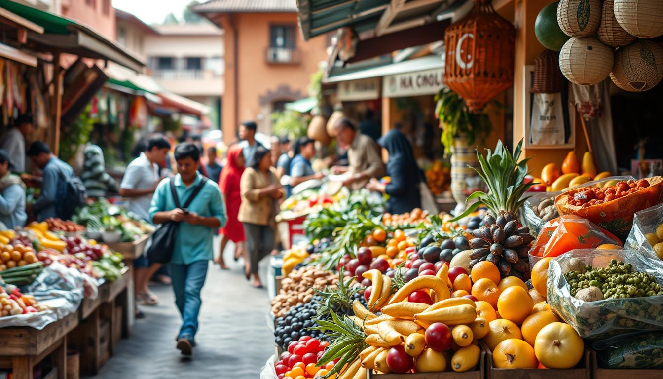 A bustling outdoor market in Salatiga, Central Java, filled with vibrant displays of fresh, locally-sourced produce. In the foreground, a vendor's stall showcases an array of colorful, organic fruits and vegetables, their earthy hues and natural textures drawing the eye. In the middle ground, shoppers meander through the lively atmosphere, sampling traditional Indonesian dishes prepared with care and using wholesome, sustainable ingredients. The background is framed by the warm, earthy tones of traditional Javanese architecture, lending a sense of timeless tradition to the scene. Soft, natural lighting illuminates the healthy, nutritious offerings, creating an inviting, appetizing ambiance that captures the essence of Salatiga's vibrant, health-conscious culinary culture.