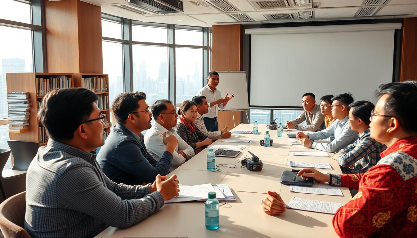 A bustling, modern conference room with large windows overlooking a cityscape. In the foreground, a group of UMKM business owners engaged in a lively discussion around a long table, their faces filled with determination and optimism. Behind them, an experienced facilitator gestures animatedly, guiding the session on export strategies. The room is bathed in warm, natural lighting, giving the scene an aura of productivity and collaboration. Shelves of reference materials and a large projection screen in the background suggest a comprehensive training program. The overall atmosphere conveys a sense of empowerment and a shared mission to unlock the export potential of Indonesia's local enterprises.