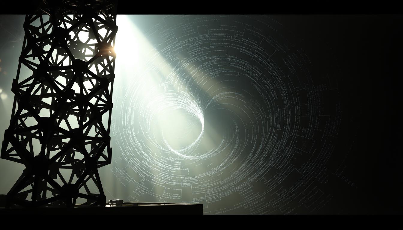 A captivating and intricate visual representation of the "Tantangan Matematika Komputasi". In the foreground, a towering structure of interlocking geometric shapes, each facet a complex mathematical equation, casting deep shadows and refracting light in an otherworldly display. In the middle ground, a swirling vortex of data streams, lines of code cascading and converging, creating a mesmerizing, almost hypnotic pattern. The background is shrouded in a hazy, ethereal glow, suggesting the vast, unknowable realms of computational mathematics, the mysteries that lie beyond the visible. The lighting is dramatic, creating a sense of depth and drama, while the lens captures the scene with a cinematic, almost surreal quality, inviting the viewer to ponder the profound challenges and wonders of this discipline.