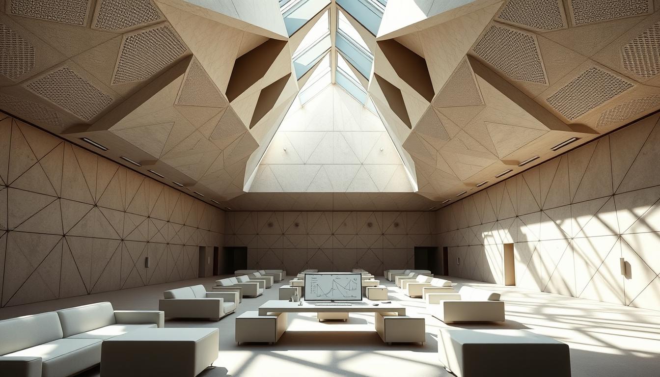 A sunlit architectural interior filled with geometric patterns and forms. In the foreground, a series of clean-lined modular furniture pieces are arranged in a harmonious layout, their shapes echoing the angular motifs on the walls. The middle ground features a sleek, minimalist workstation, its surfaces adorned with precise mathematical diagrams and calculations. Overhead, the ceiling is a cascade of intersecting planes and angles, illuminated by soft, indirect lighting that casts dramatic shadows. The overall atmosphere is one of elegant optimization, where form seamlessly follows function through the application of mathematical principles.