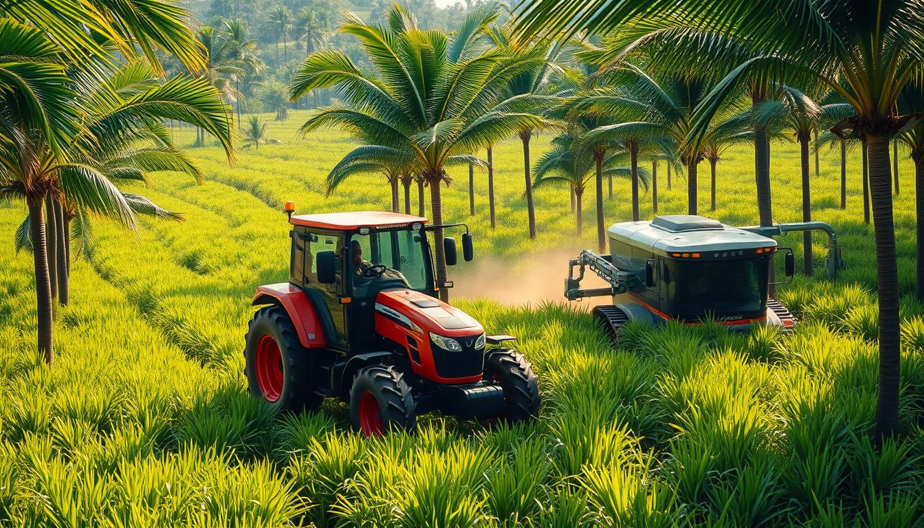 A vast expanse of verdant oil palm plantations, their fronds swaying in the gentle breeze. In the foreground, a modern, diesel-powered tractor slowly navigates the meticulously maintained rows, its powerful engine propelling it forward with purpose. Sunlight filters through the lush canopy, casting a warm, golden glow over the scene. In the distance, a sleek, high-tech harvesting machine gracefully glides through the plantation, its mechanical arms expertly collecting the ripe, golden fruit. The image conveys the seamless integration of traditional agricultural practices and cutting-edge technology, working in harmony to unlock the immense potential of Malaysia's thriving palm oil industry.