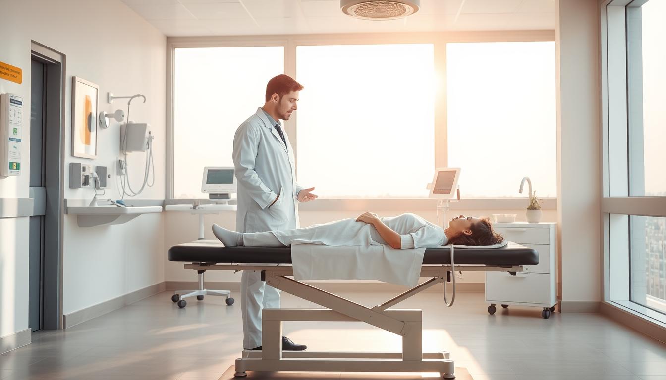 A softly lit medical clinic interior, with a doctor dressed in a crisp white coat standing beside an examination table. On the table, a patient rests, their face gentle and calm as the doctor administers treatment. The room is spacious and clean, with modern medical equipment and soothing pastel colors on the walls. Rays of warm, natural light stream in through large windows, creating a sense of comfort and care. The overall atmosphere conveys a reassuring and professional approach to the treatment of pneumonia, reflecting the subject of the article's section on "Pengobatan Pneumonia".