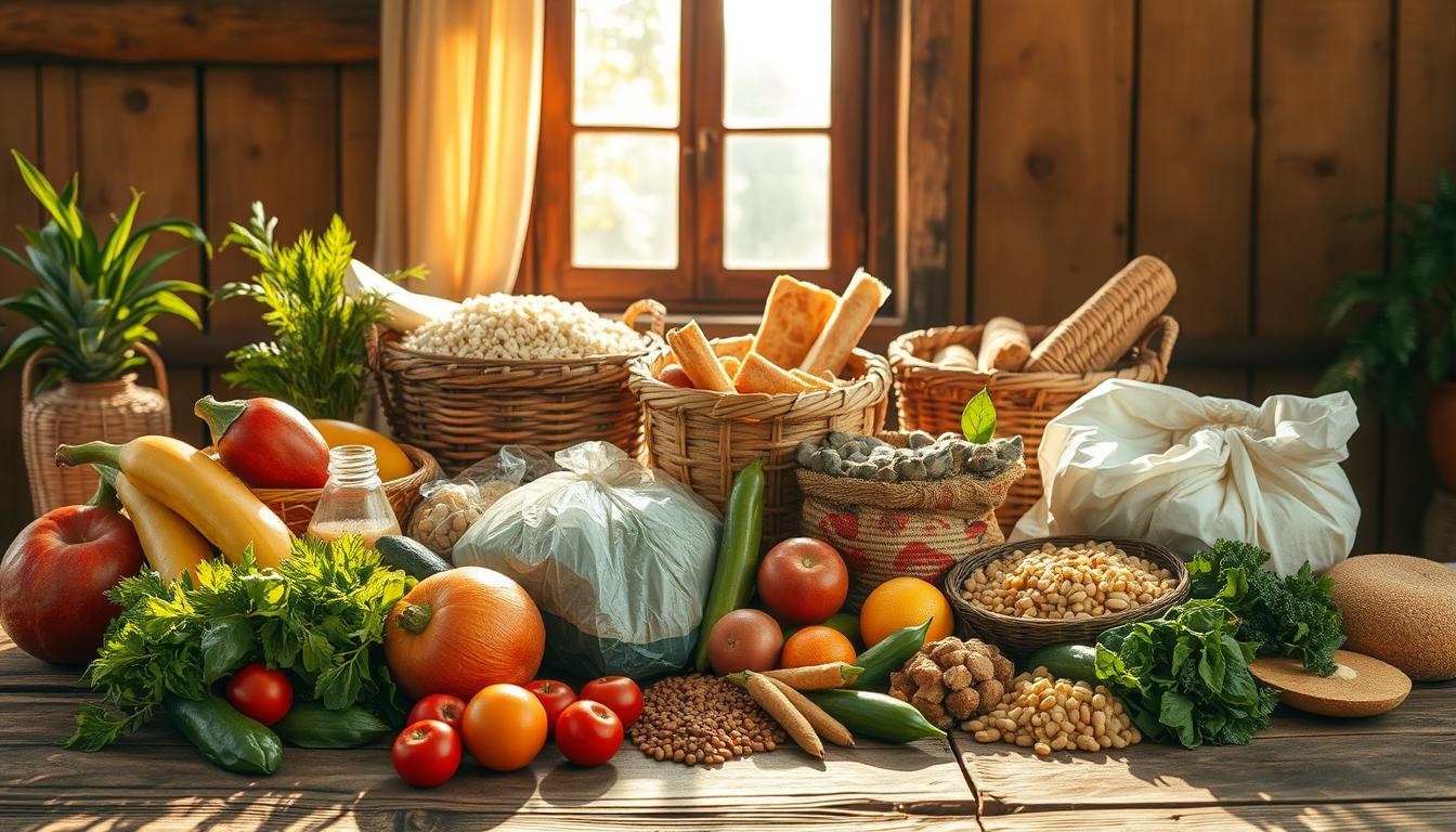 A vibrant still life scene depicting an assortment of healthy, nutritious food items on a rustic wooden table. In the foreground, a variety of fresh produce such as fruits, vegetables, and grains are carefully arranged, casting soft, natural shadows. The middle ground features woven baskets overflowing with staple goods like rice, beans, and whole-grain bread. In the background, a window allows warm, golden sunlight to filter in, creating a cozy, inviting atmosphere. The overall mood is one of abundance, generosity, and a sense of community, perfectly capturing the essence of a "Donasi Pangan" or food donation program.