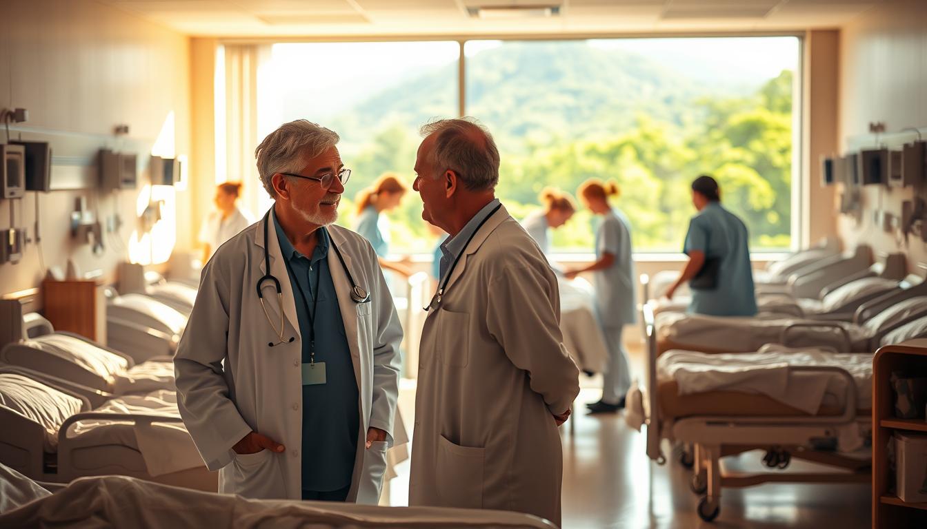A serene, sunlit hospital ward with rows of hospital beds and medical equipment. In the foreground, a doctor and a patient in conversation, their expressions conveying a sense of care and understanding. In the middle ground, nurses tending to other patients, their movements purposeful and attentive. In the background, a window overlooking a lush, verdant landscape, symbolizing the connection between healthcare and the natural world. The scene is bathed in warm, soft lighting, creating a calming, compassionate atmosphere that reflects the government's role in promoting stroke prevention and treatment.