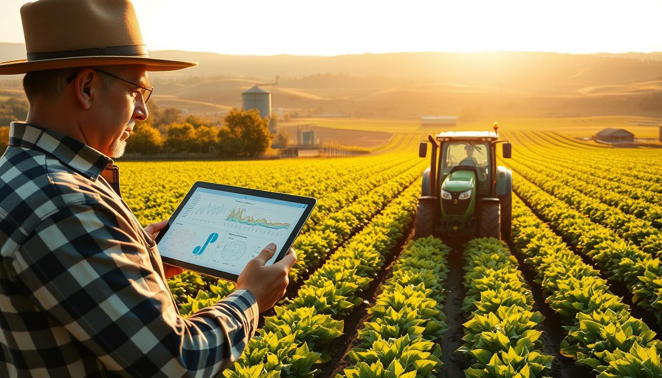 A lush, verdant agricultural field with neatly organized rows of crops, bathed in warm, golden sunlight. In the foreground, a farmer meticulously examines a tablet displaying various mathematical models and data visualizations, their expression one of thoughtful analysis. In the middle ground, a state-of-the-art tractor equipped with precision farming technologies navigates the rows, gathering real-time data. The background features a backdrop of rolling hills, dotted with orchards and silos, conveying a sense of industrious productivity. The scene evokes a harmonious integration of advanced mathematics, cutting-edge technology, and traditional agricultural practices.