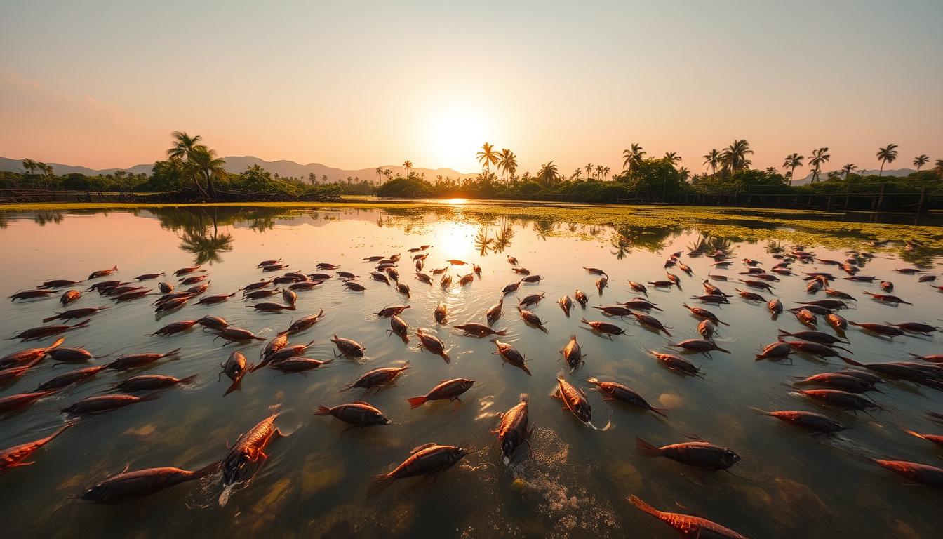 A shimmering coastal wetland under the warm glow of a tropical sunset. In the foreground, a pristine kolam, or shrimp pond, teeming with plump, juicy crustaceans swimming gracefully through the clear, still waters. The middle ground reveals the lush, verdant mangroves, their tangled roots reflecting in the mirror-like surface. In the distance, a hazy silhouette of rolling hills and swaying palm trees frame the idyllic scene. The lighting is soft and diffused, creating a serene, almost dreamlike atmosphere. Capture this tranquil, yet dynamic, ecosystem in a wide-angle, high-resolution shot using a professional-grade camera lens.