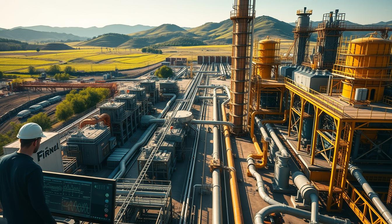 An industrial mineral processing plant, bathed in warm afternoon light, stands as a testament to the intersection of mathematics and sustainability. In the foreground, workers meticulously monitor complex algorithms displayed on state-of-the-art touchscreens, optimizing mineral extraction and refining processes. The middle ground reveals a network of pipes, conveyor belts, and specialized machinery, each component precisely engineered using advanced mathematical modeling. In the background, verdant hills and a clear sky suggest a harmonious coexistence between industry and the natural environment, a vision of a sustainable future powered by the rigorous application of mathematical principles.