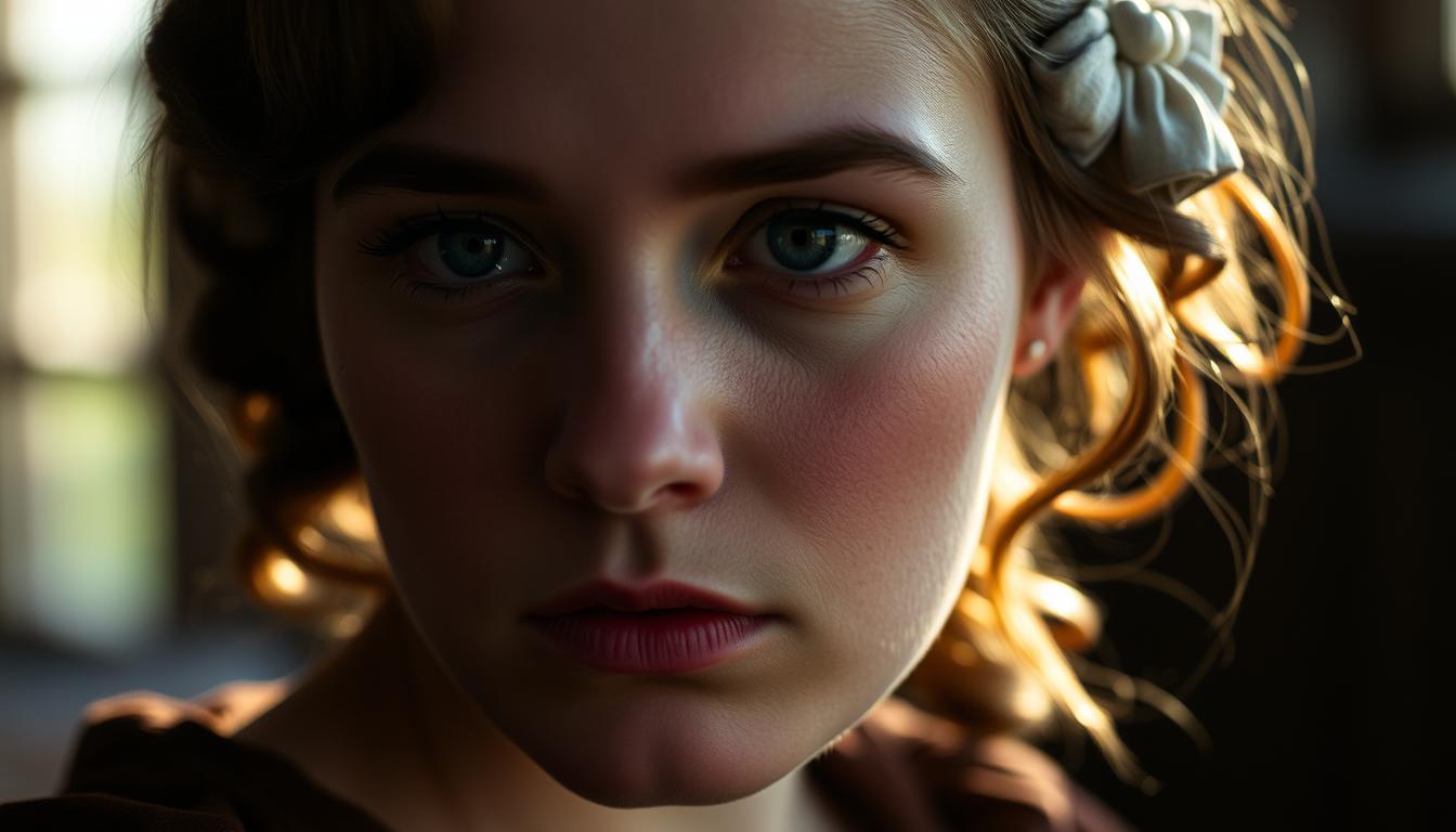 A close-up portrait of Florence Pugh as her character in the film "Little Women," with a somber, thoughtful expression. She is framed in a dramatic, cinematic style, with soft, natural lighting from the side illuminating her features. The background is slightly blurred, suggesting a contemplative, introspective mood. The image conveys a sense of the character's inner world and the film's themes of feminism and personal growth.
