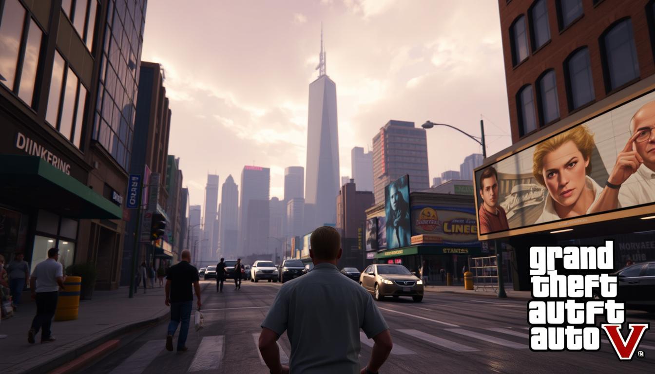 A detailed, cinematic view of the latest gameplay features in Grand Theft Auto VI. In the foreground, a player character navigates a bustling city street, seamlessly interacting with the environment and NPCs. The middle ground reveals stunning, high-fidelity graphics and realistic physics simulations, showcasing the game's technical advancements. In the background, a towering cityscape sets the scene, with dynamic weather, lighting, and time of day effects enhancing the immersive atmosphere. The overall mood is one of excitement and anticipation, capturing the essence of the much-awaited return of the iconic Grand Theft Auto franchise.