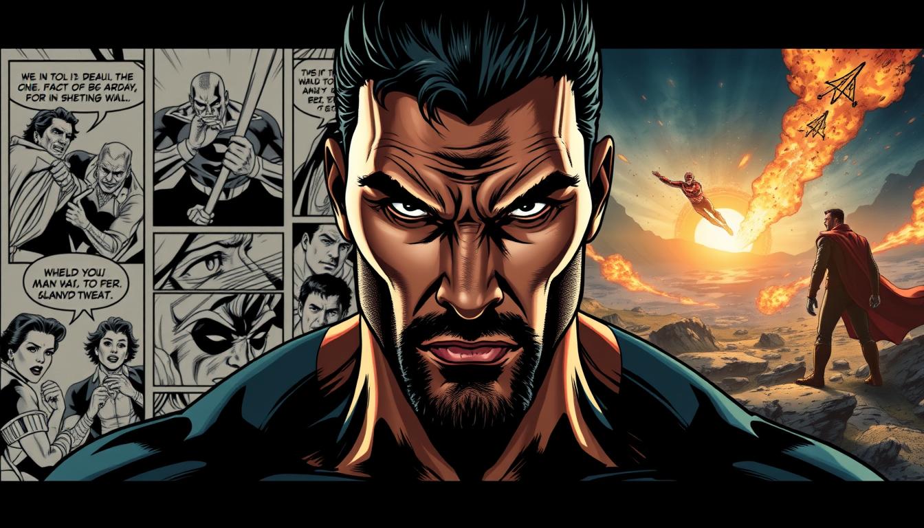 A detailed, cinematic comparison of the comic book and film versions of Black Adam, showcasing their distinct visual styles and storytelling. In the foreground, a striking character portrait of the titular anti-hero, his chiseled features and piercing gaze conveying a sense of brooding power. In the middle ground, dynamic scenes from the comic book panels, rendered with bold linework and vibrant colors. In the background, a cinematic landscape of the film adaptation, featuring dramatic lighting, sweeping camera angles, and a sense of scale and spectacle. The overall composition should highlight the evolution from the comic's graphic aesthetic to the big-screen's cinematic interpretation, inviting the viewer to explore the nuances between the two mediums.