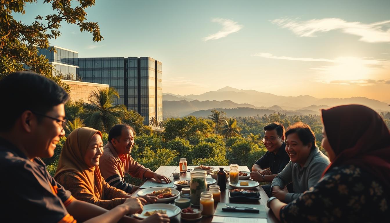 A serene Indonesian landscape unfolds, bathed in warm afternoon light. In the foreground, a group of people gather around a communal table, engaged in animated conversation and the sharing of a meal. Their faces radiate a sense of connection and purpose. In the middle ground, a modern office building stands, its glass facades reflecting the vibrant greenery that surrounds it. In the background, distant mountains rise, their peaks capped with wispy clouds. The scene evokes a harmonious blend of tradition and progress, with philanthropy serving as the bridge that brings them together. A sense of optimism and possibility permeates the air, hinting at a future where Indonesia's philanthropic efforts continue to drive meaningful change.