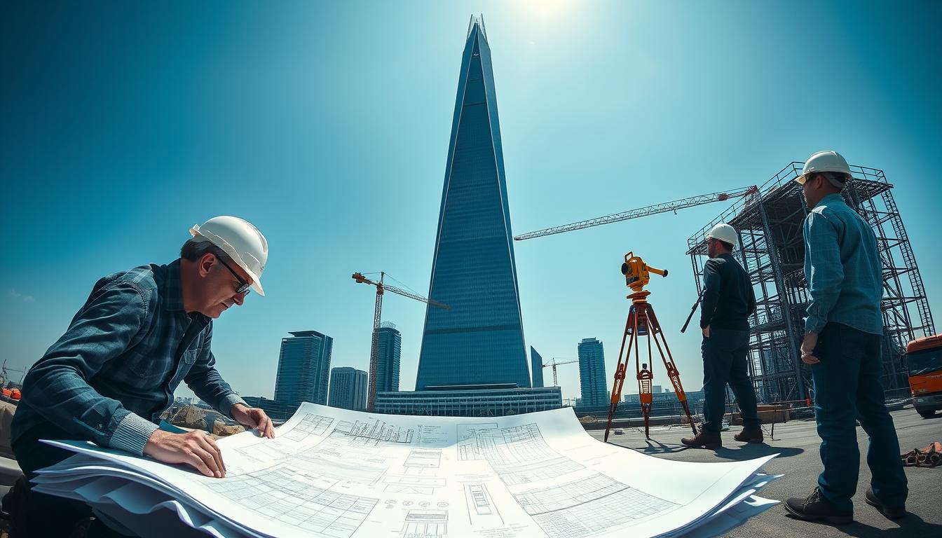 A panoramic view of a modern civil engineering worksite, with engineers utilizing mathematics to analyze and design the structural integrity of a towering skyscraper. In the foreground, a team studies detailed blueprints, meticulously calculating load-bearing capacities and stress distributions. In the middle ground, construction crews leverage advanced surveying equipment, applying trigonometric principles to precisely measure and position the foundations. In the background, the sleek, angular silhouette of the partially completed high-rise rises majestically against a crisp, blue sky, its elegant form a testament to the vital role of mathematics in structural engineering.