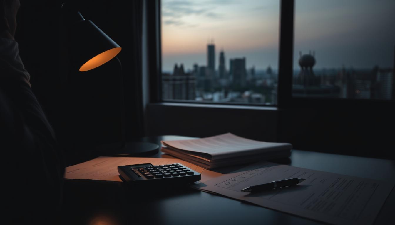 A dimly lit office, with a desk softly illuminated by a desk lamp. On the desk, a calculator, a pen, and a stack of insurance documents. In the background, a window overlooking a city skyline, hazy in the evening light. The atmosphere is one of thoughtful contemplation, as an actuary pores over the risk assessment data, analyzing the complex interplay of variables that shape the insurance industry. The lighting casts dramatic shadows, creating a sense of depth and seriousness. The composition is balanced, with the actuary's work taking center stage, surrounded by the tools of their trade and the urban landscape beyond, suggesting the far-reaching implications of their decisions.