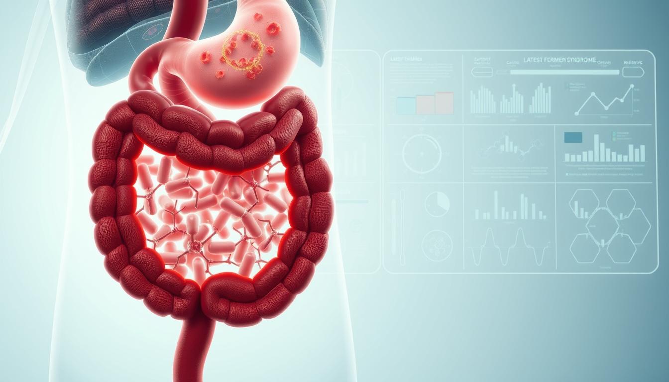 A high-resolution medical illustration depicting the latest research on intestinal fermentation syndrome. The foreground features a detailed cross-section of the human gut, showcasing the complex microbial interactions and metabolic processes involved in this condition. The middle ground highlights a series of scientific diagrams and charts, presenting the latest findings from clinical studies and laboratory experiments. The background adopts a clean, minimalist aesthetic, with subtle visual cues alluding to the technological and analytical nature of modern medical research. Soft, directional lighting creates depth and emphasizes the intricate details, while a cool color palette conveys a sense of scientific rigor and objectivity.