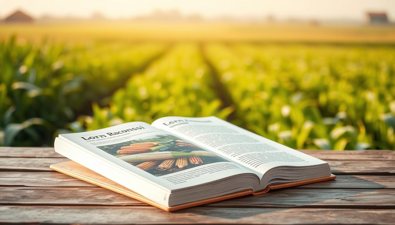 A detailed and informative agricultural book with a realistic cover design, displayed on a wooden table with natural lighting. The book has a crisp, clean cover with a photograph of various crops and farming equipment, conveying a sense of expertise and practicality. The background features a slightly blurred, warm-toned scene of a lush, verdant field with rows of crops, creating a tranquil and productive atmosphere. The overall composition and lighting evoke a sense of professionalism and usefulness, perfectly suited to illustrate the "Rekomendasi Sumber Daya Tambahan" section of the article on the best corn cultivation techniques for Indonesian farmers.