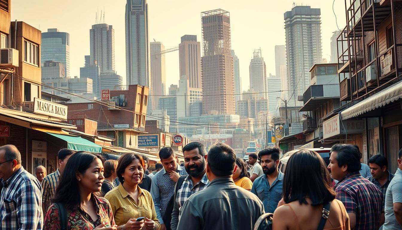 A bustling urban scene, with a diverse community of small business owners and entrepreneurs engaged in various economic activities. In the foreground, a group of individuals animatedly discussing financial options, their faces reflecting a mix of hope and uncertainty. In the middle ground, a diverse array of storefronts and workshops, each uniquely representing the vibrant entrepreneurial spirit of the neighborhood. In the background, towering skyscrapers and infrastructure, symbolizing the broader economic landscape that both supports and challenges the growth of these small enterprises. Warm, golden lighting casts a feeling of optimism, while subtle shadows suggest the underlying social implications and challenges faced by this community in securing access to essential funding resources.