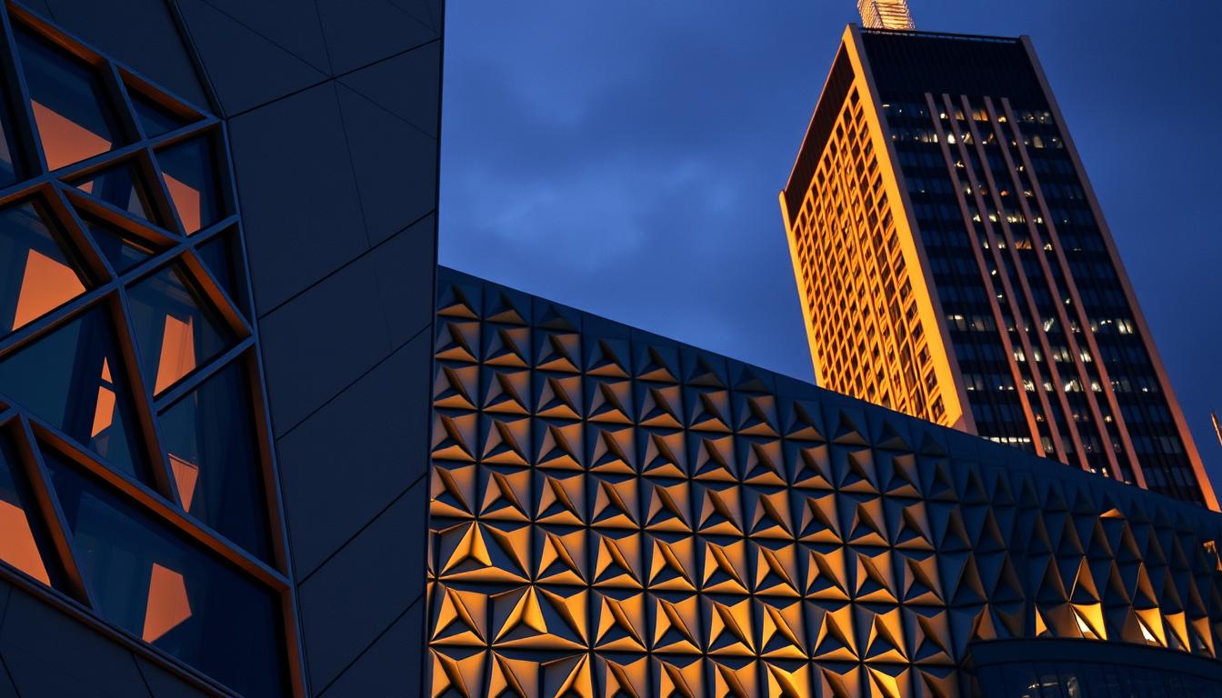 A modern architectural facade featuring intricate trigonometric patterns and tessellations. The foreground showcases a geometric, angular window design with precise intersecting lines and triangular shapes. The middle ground displays a facade with a repetitive grid of triangular recesses, creating a dynamic visual rhythm. In the background, a towering building with a striking angular silhouette is illuminated by warm, directional lighting, casting dramatic shadows that accentuate the architectural geometry. The overall scene conveys a sense of mathematical elegance and technical sophistication, perfectly capturing the essence of "Trigonometry in Architecture".