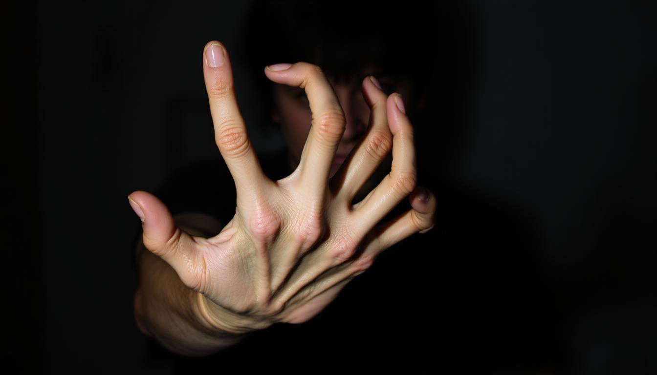 A person's hand appears to be abnormally elongated and distorted, with unnatural, spindly fingers twisting and curling in a disturbing manner. The skin is pale and waxy, with a sense of unease and discomfort surrounding the hand. The lighting is dim and moody, casting shadows that enhance the uncanny, unsettling nature of the hand. The background is blurred and indistinct, keeping the focus solely on the bizarre, alien-like appendage. The overall atmosphere evokes a sense of unease, hinting at the distressing experiences and challenges faced by those afflicted with Alien Hand Syndrome.