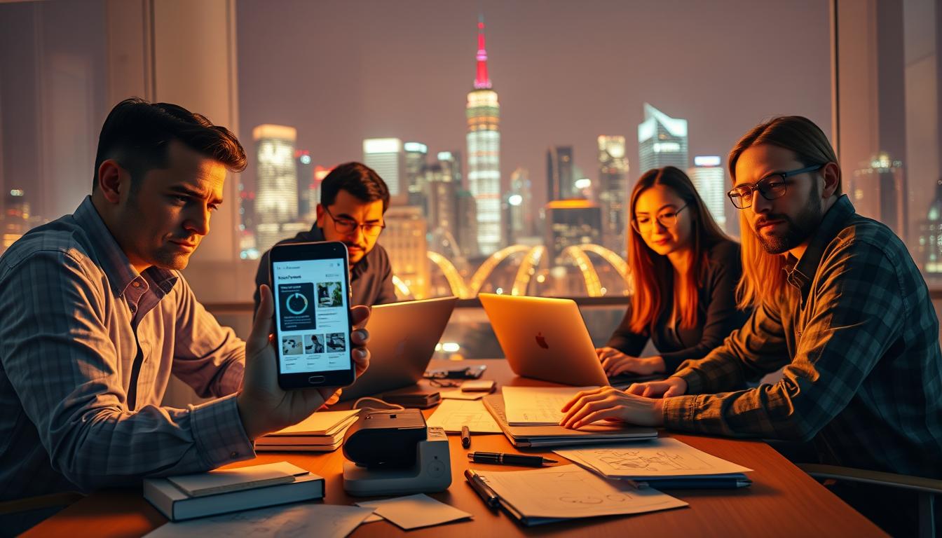 A group of small business owners collaborating on a new digital platform, backlit by a glowing city skyline. The foreground features earnest expressions, a smartphone displaying a product mockup, and scattered office supplies. The middle ground captures a lively team discussion, with laptops and design sketches. The background showcases a bustling metropolis, hinting at the potential for growth and expansion. Warm, amber lighting casts an atmosphere of innovation and possibility. Crisp, high-resolution details bring this dynamic UMKM scene to life.