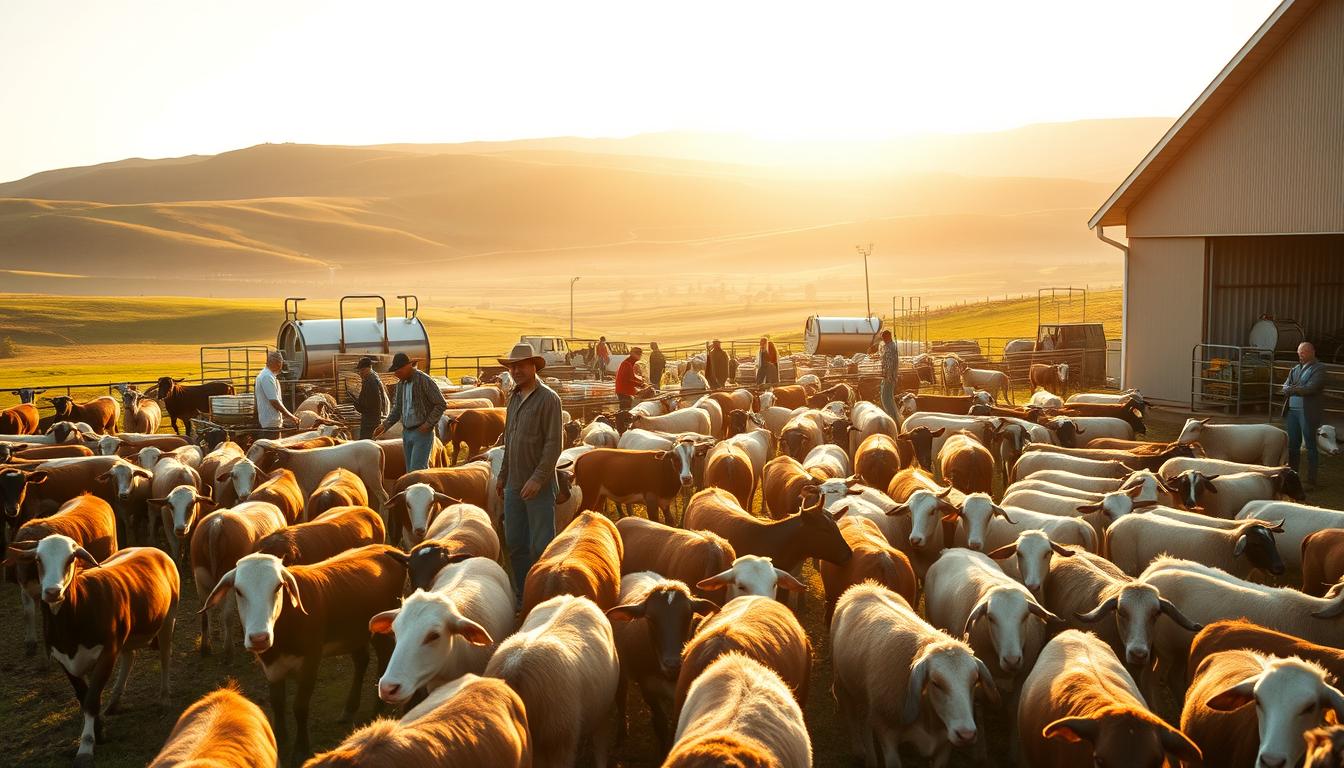 A vibrant community of animal farmers working in harmony, capturing the essence of modern livestock husbandry. In the foreground, farmers tend to their herds of cattle, sheep, and goats, tending to their needs with care and dedication. The middle ground showcases state-of-the-art farming equipment and facilities, reflecting the industry's technological advancements. In the background, rolling hills and lush pastures create a picturesque pastoral scene, bathed in warm, golden sunlight that casts a soft, natural glow over the entire composition. The overall atmosphere conveys a sense of community, progress, and a deep appreciation for the land and the animals that sustain it.