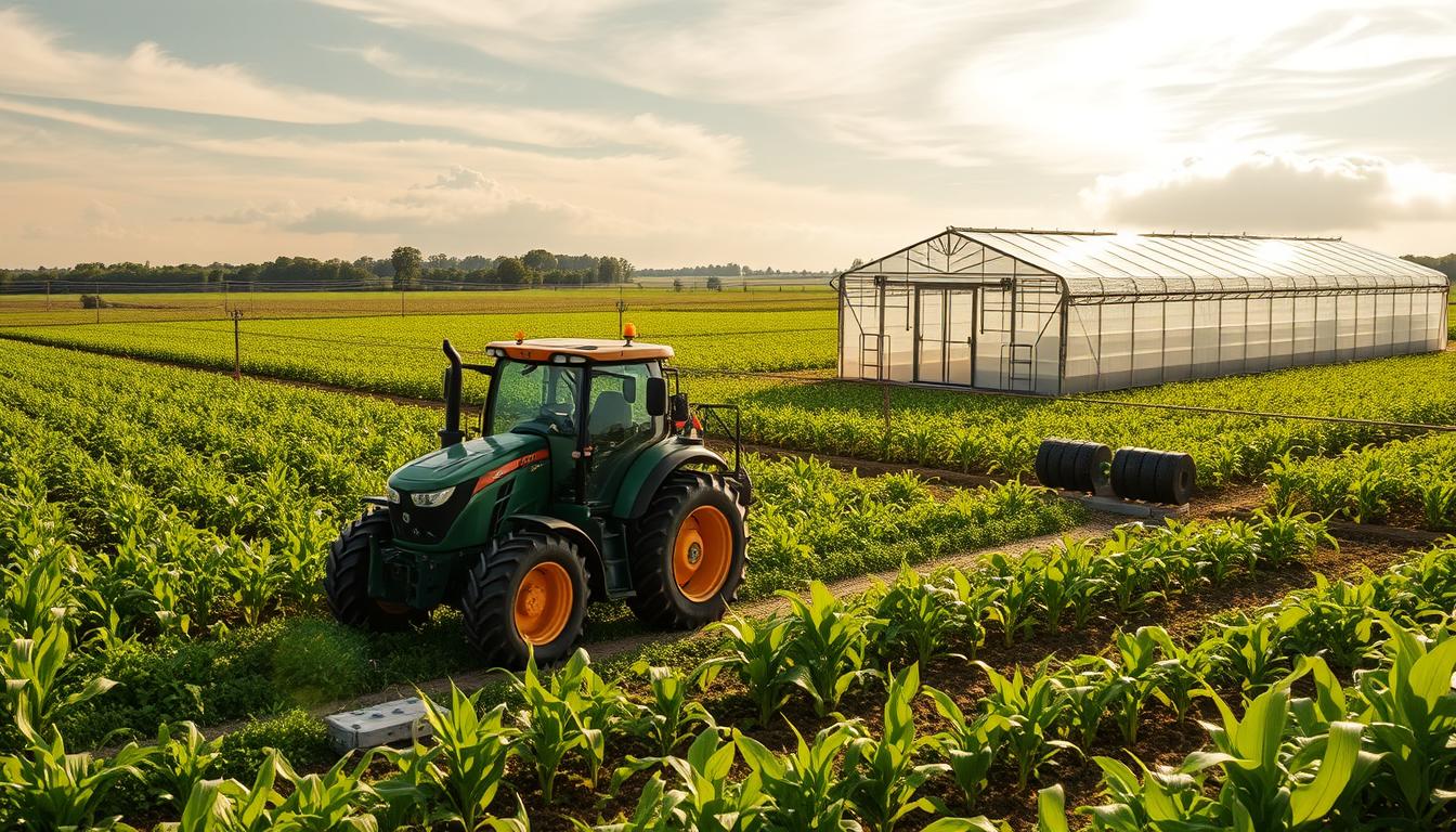 A lush, verdant landscape dotted with cutting-edge agricultural technology. In the foreground, a state-of-the-art tractor equipped with precision farming sensors, plowing meticulously through rows of thriving corn stalks. The middle ground features a network of automated irrigation systems, strategically placed to deliver water and nutrients with optimal efficiency. In the background, a high-tech greenhouse shimmers, its climate-controlled environment nurturing the next generation of hybrid corn varieties. Warm, golden sunlight filters through wispy clouds, casting a soft, productive glow over the entire scene. A harmonious blend of nature and innovation, showcasing the best of modern agricultural techniques.