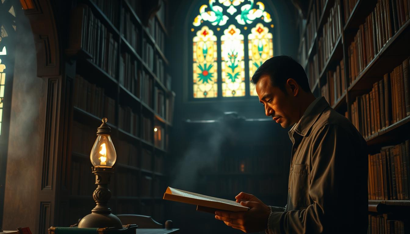 A dimly lit library, shelves of ancient tomes lining the walls, a researcher poring over a parchment scroll, the glow of a lone oil lamp casting long shadows. Dusty sunlight filters through stained-glass windows, illuminating the scholar's intent expression as they uncover the secrets of Indonesia's Islamic kingdoms. Intricate architectural details, ornate calligraphy, and the faint scent of aged paper create an atmosphere of scholarly reverence and historical discovery. A sense of timelessness permeates the scene, inviting the viewer to step into a world of academic pursuit and cultural preservation.