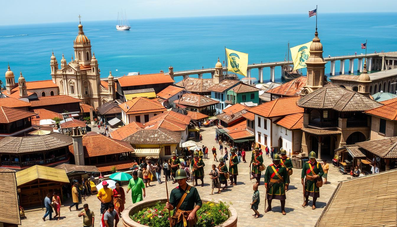 A bustling 16th-century port city in Malaysia, the impact of Portuguese conquest evident in the mix of architectural styles - ornate Portuguese palaces and cathedrals stand alongside traditional Malay structures. In the foreground, local merchants haggle with Portuguese traders, while in the middle ground, a group of Portuguese soldiers patrol the streets, their uniforms and weapons a symbol of the new colonial power. The background features the blue waters of the Straits of Malacca, ships from both Portugal and Malaysia docked at the harbor, reflecting the growing trade and cultural exchange between the two nations. The scene conveys a sense of cultural tension and shifting power dynamics, as the influence of the Portuguese empire begins to take hold.