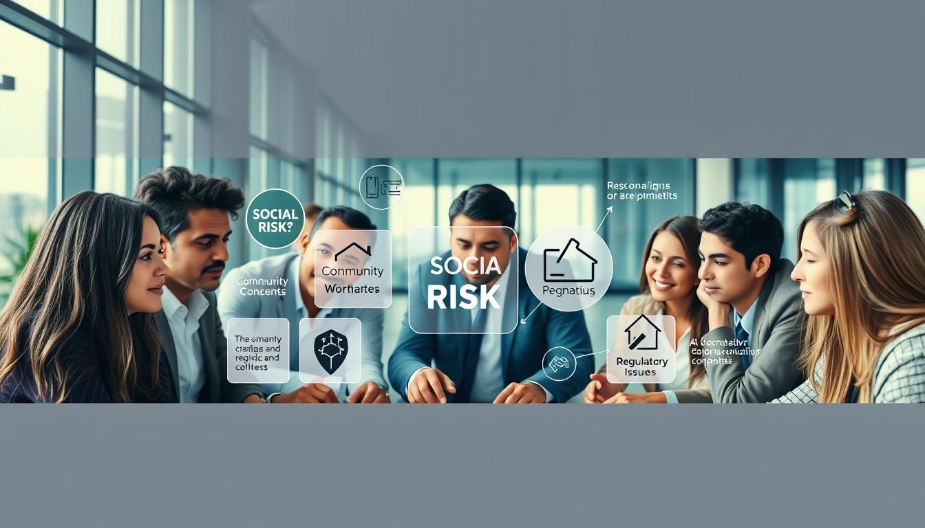 A high-quality panoramic image depicting a corporate social risk mitigation strategy. The foreground shows a group of diverse professionals collaborating on a business plan, their faces expressing thoughtful concentration. The middle ground features a visual representation of social risk factors, such as community concerns, workforce challenges, and regulatory issues, presented as abstract 3D shapes. The background showcases a modern corporate office setting, with floor-to-ceiling windows providing ample natural lighting. The image conveys a sense of proactive, holistic risk management, with the professionals working together to navigate the complex social landscape surrounding the company's operations.