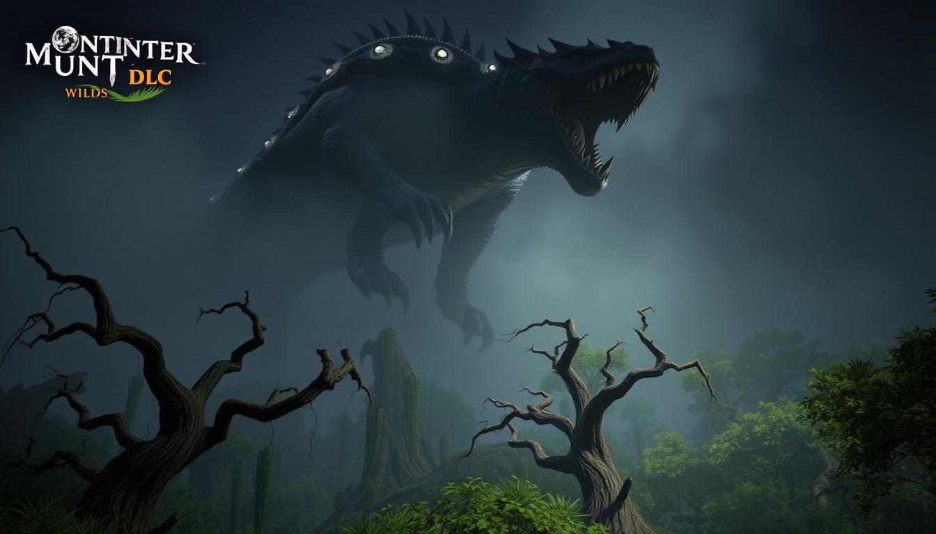 A fantastical monster from the upcoming Monster Hunter Wilds DLC, captured in a cinematic, dramatic pose. Towering over the foreground, the creature's hulking, scaly body is shrouded in an ominous mist, its numerous glowing eyes and gaping maw conveying a sense of primal, predatory power. In the middle ground, a lush, primeval forest backdrop provides context, with ancient, twisted trees and a dim, moody lighting creating an atmospheric, otherworldly ambiance. The overall composition suggests the imminent threat and challenges that await players in the game's future developments.