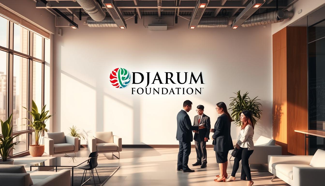 A modern, sophisticated office space featuring the Djarum Foundation logo prominently displayed on the wall. Warm, natural lighting filters through large windows, casting a soft glow across the clean, minimalist interior. Sleek, contemporary furniture and decor create an atmosphere of professionalism and innovation. In the foreground, a group of people, presumably employees or executives, are engaged in a collaborative discussion, their expressions focused and intent. The overall scene conveys a sense of progress, purpose, and a commitment to the foundation's mission of supporting Indonesian education.