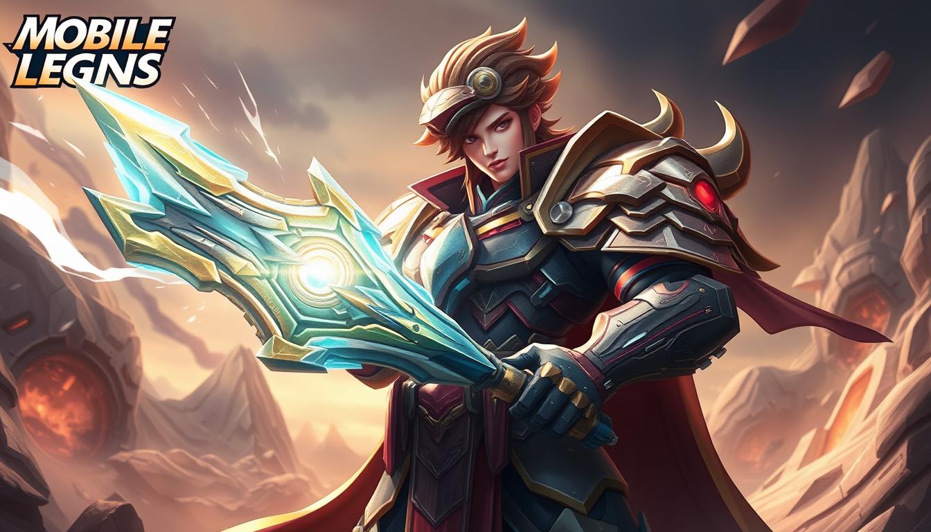 A valiant strategic hero from Mobile Legends stands tall, their commanding presence radiating an aura of unwavering determination. Clad in intricate, battle-worn armor, they wield a gleaming, high-tech weapon that crackles with energy, ready to unleash devastating attacks against their foes. Surrounded by a dynamic, futuristic landscape, the hero's gaze is fixed, their focus unshakable as they prepare to lead their team to victory. The scene is bathed in a warm, cinematic lighting that accentuates the hero's heroic silhouette and the technological marvels of their environment, creating a captivating, cinematic atmosphere.