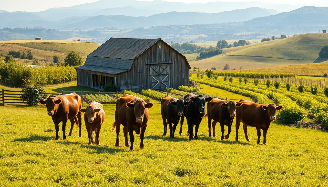 A lush, verdant organic farm nestled in the rolling hills. In the foreground, a herd of contented free-range cattle grazes on a carpet of rich, green grass. Their sleek, healthy coats gleam in the warm, golden sunlight. In the middle ground, a rustic wooden barn stands, its weathered facade complementing the natural setting. Surrounding the barn, rows of flourishing vegetable gardens and orchards brim with vibrant, organic produce. The background reveals a panoramic vista of undulating hills and distant mountains, evoking a sense of tranquility and harmony. The overall scene exudes a serene, pastoral atmosphere, capturing the essence of sustainable, eco-friendly livestock farming.